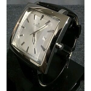 Puredial Watch Mens Square Legacy Quartz Date Steel Case Black Leather Strap